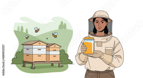 Beekeeper in protective suit holding jar of honey near beehives on sunny day