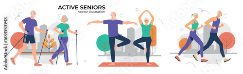 Elderly people doing outdoor fitness activities. Active seniors walking with poles, practicing yoga, and jogging together in the park. Healthy lifestyle and happy retirement concept. Vector