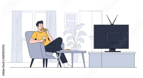 A person relaxing in an armchair holding a cup and looking at a television set in a modern living room with plants and natural light