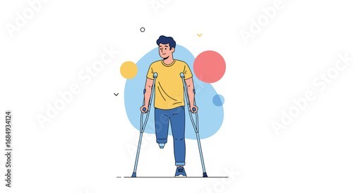 Man with prosthetic leg walking with crutches recovering from injury or disability with abstract colorful shapes in the background showing a positive outlook and rehabilitation journey