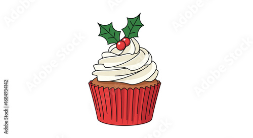 Festive christmas cupcake decorated with cream frosting holly berries and a red wrapper