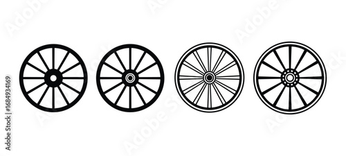 Black wagon wheel icons with spokes on white background transportation vintage