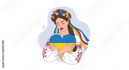 Young woman wearing traditional ukrainian clothing holds a heart shaped ukrainian flag