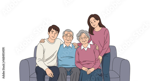 A loving family portrait showing multiple generations enjoying quality time together on a comfortable sofa indoors creating cherished memories