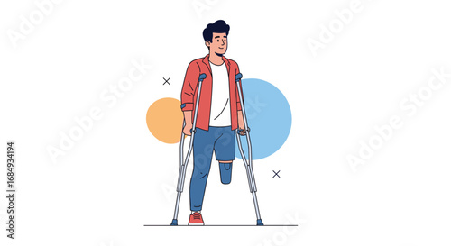 Man with prosthetic leg walking on crutches with colorful circles in background illustrating movement and rehabilitation journey towards recovery