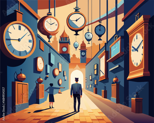 colorful illustration of a fantasy wall of whispering clocks