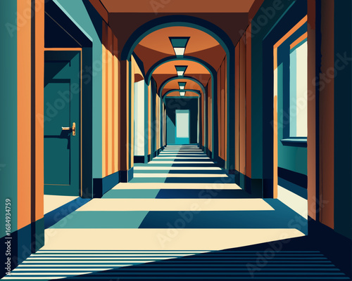 colorful illustration of a winding hallway with doors