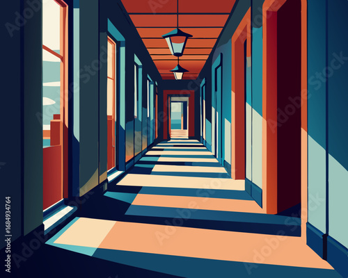 colorful illustration of a winding hallway with doors
