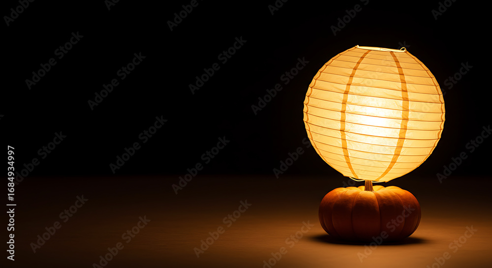 Fototapeta premium Illuminated Paper Lantern atop a Pumpkin, Creating a Warm and Inviting Glow, Perfect for Autumnal Decor and Festive Ambiance
