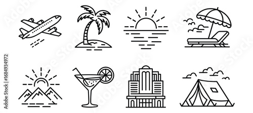 Eight Black Outline Icons Related To Travel And Leisure Activities symbol graphic