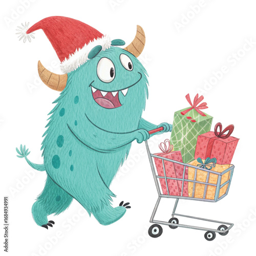 cartoon monster wearing a Santa hat pushing a red shopping cart 