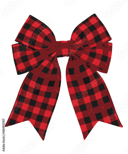 Rustic red and black buffalo plaid bow with grunge texture isolated on transparent background