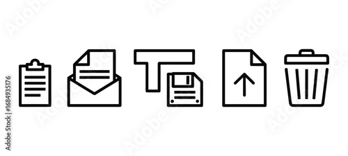 Five Black Outline Icons For Document Management And Data Storage symbol graphic