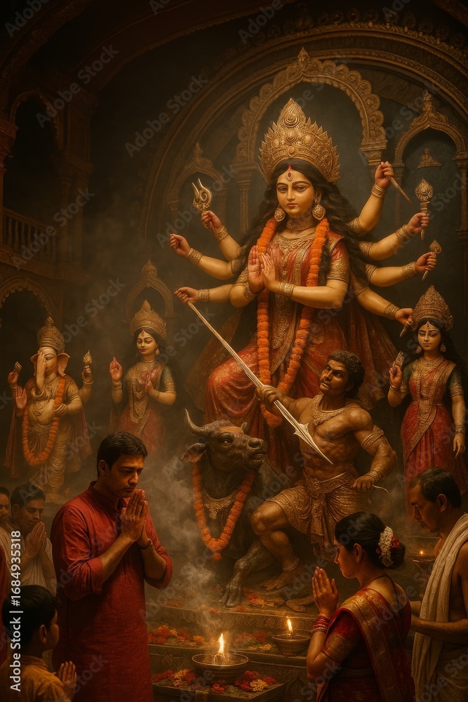 Fototapeta premium Durga idol in a decorated pandal during Durga Puja. The goddess has multiple arms and is shown defeating the buffalo demon Mahishasura. Devotees are praying in the evening light