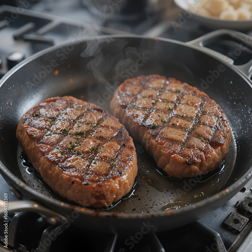 roasting two beefsteaks in frying pan on range