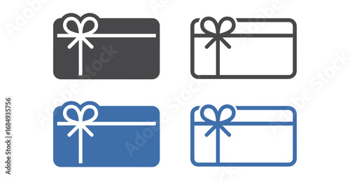 Four gift card icons with bows in blue and gray on white background present voucher
