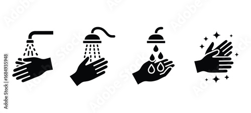 Four icons depicting hand washing with water from a faucet and shower Keywords: hand washing, hygiene, clean, sanitation, water