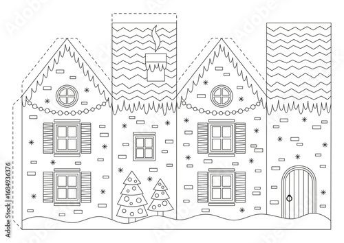 Coloring page with Christmas house for kids. Craft game cut and glue paper. Education for kids, papercraft, Christmas decor. Vector illustration