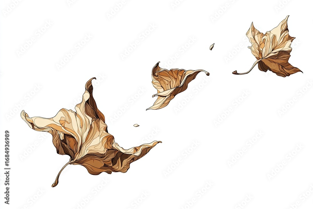 Fototapeta premium Three autumn leaves, light brown hues, gently floating