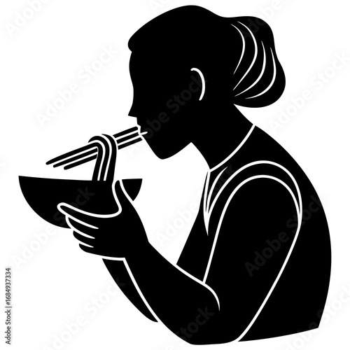 Person eating noodles with chopsticks silhouette