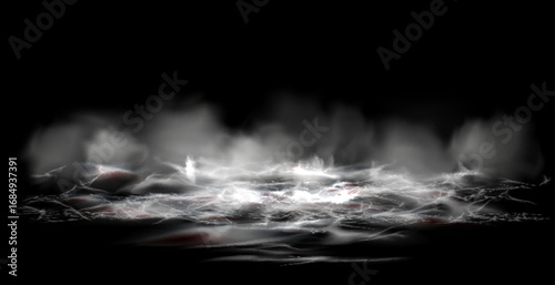 Water surface with magic neon glow from inside and smoke on top. Mystery dark background with spooky white light from underwater and fog. Realistic 3d night vector illustration with flare and steam.