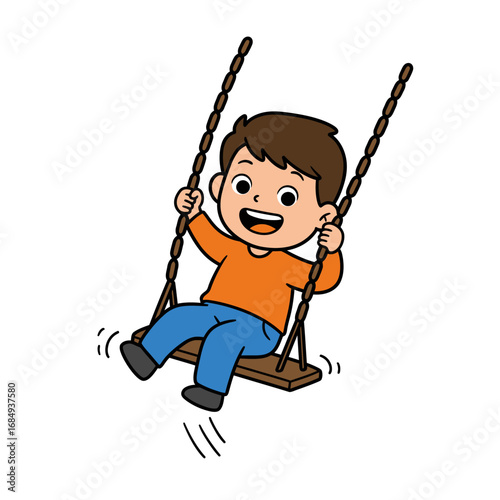 Happy cartoon boy with brown hair in an orange shirt swinging joyfully on a wooden swing.