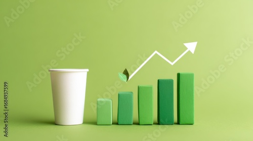 Rising bar graph with coffee cup on green background
