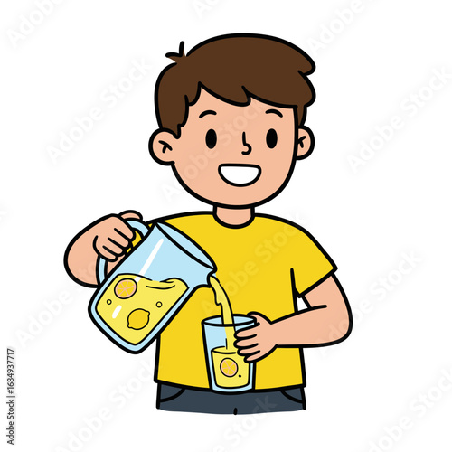 Happy cartoon boy with brown hair pouring fresh lemonade from a pitcher into a glass.