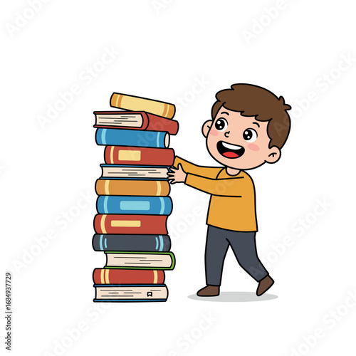 Happy cartoon boy with brown hair pushing a tall colorful stack of hardcover books.