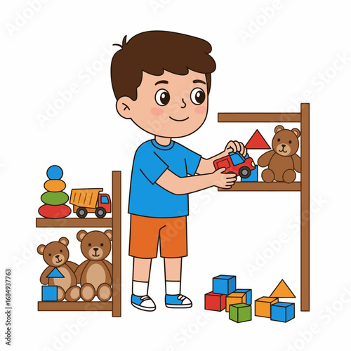Happy cartoon boy with brown hair putting a red toy truck on a wooden shelf.