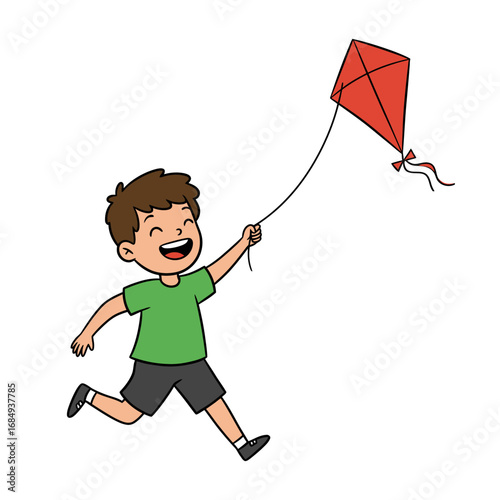 Happy cartoon boy with brown hair running while flying a red diamondshaped kite.