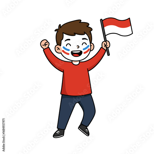 Happy cartoon boy with Indonesian flag face paint cheering and waving the national banner.