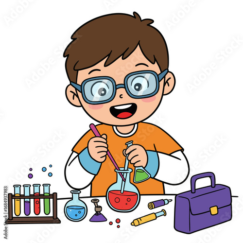 Happy cartoon boy with glasses conducting a colorful chemistry experiment with flasks and test tubes.
