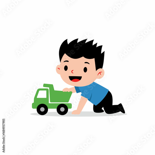 Happy cartoon boy with spiky black hair kneeling and playing with a green toy dump truck.