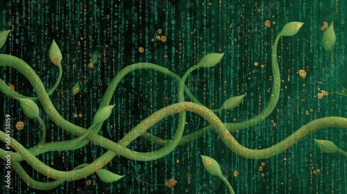 Digital Nature: Binary Code Twisting into Organic Vines