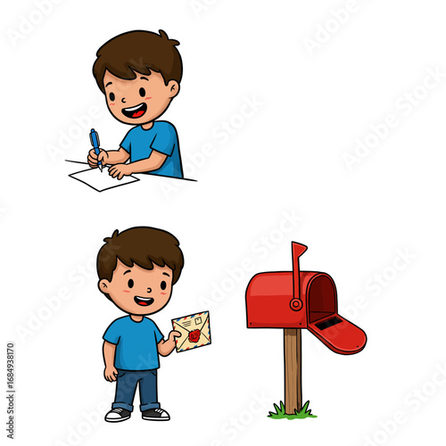 Happy cartoon boy writing a letter with a blue pen and mailing it in a classic red mailbox.