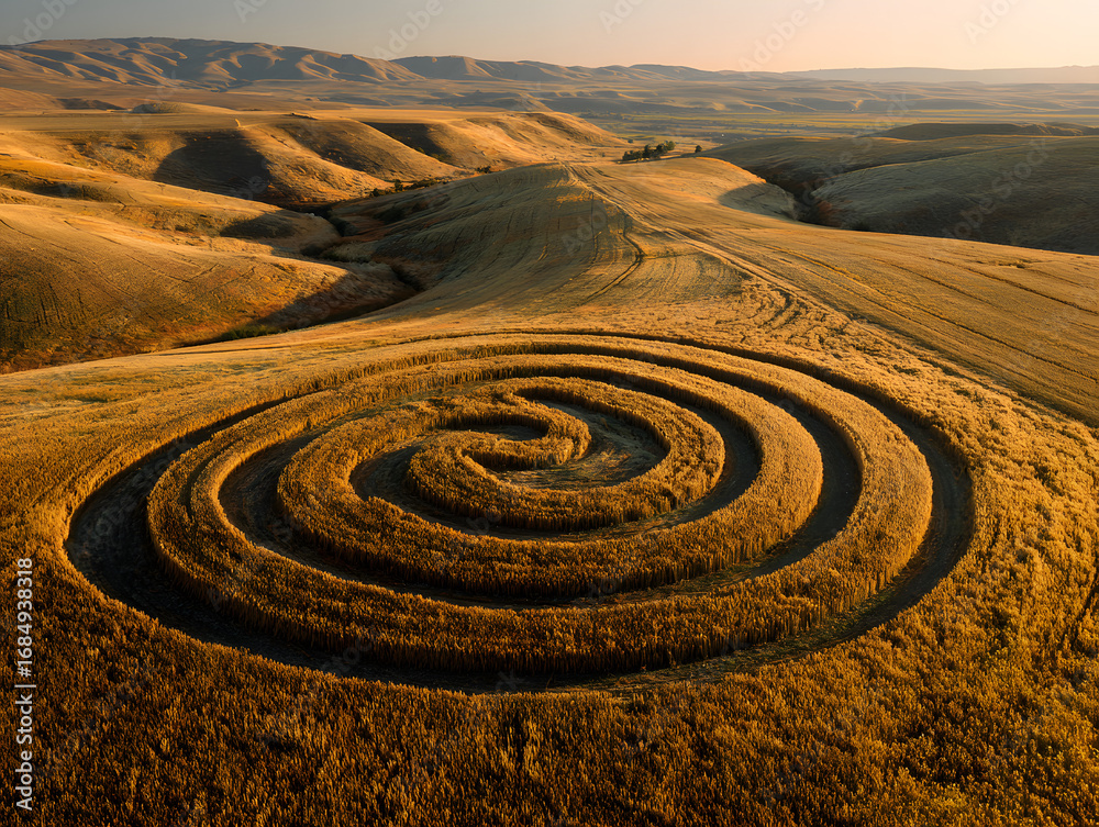 Naklejka premium Aerial View of a Spiral Crop Circle in a Golden Whea Field
