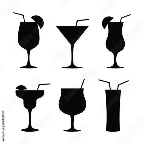 Six black silhouette icons of cocktail glasses with straws and garnishes drinks silhouettes
