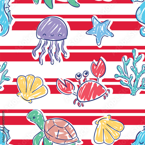 Hand Drawn Print Summer Sea Theme with Crab coral seamless pattern vector Kids print