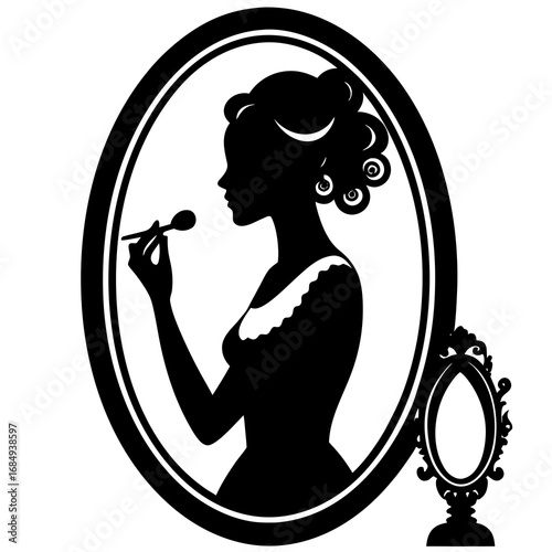 Woman applying makeup in ornate mirror silhouette beauty