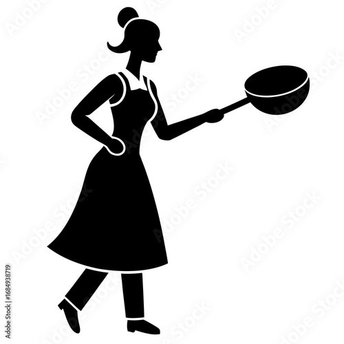 Woman cooking with frying pan silhouette kitchen