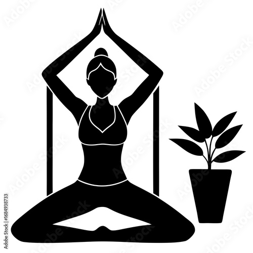 Woman meditating in lotus pose with plant yoga meditation