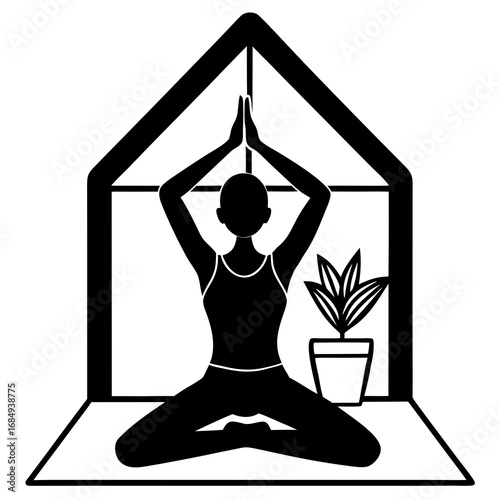 Woman meditating indoors with plant yoga meditation