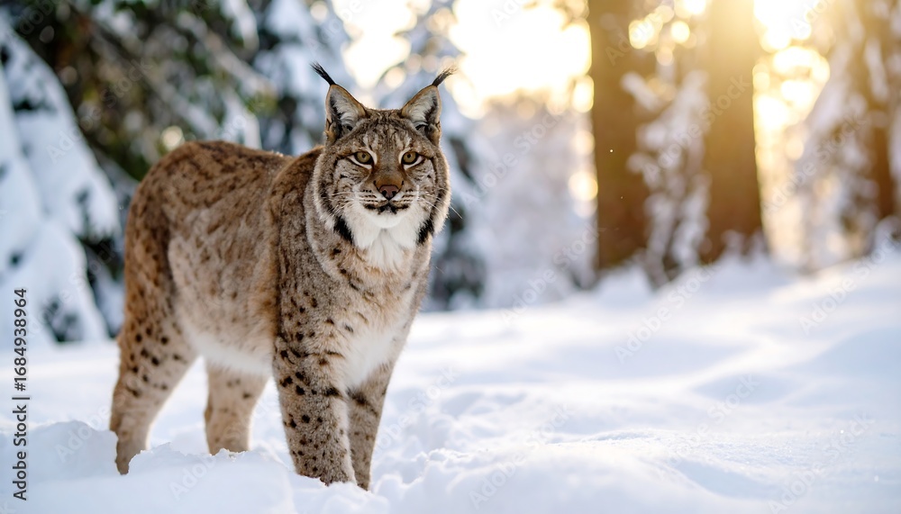 Obraz premium Lynx in snowy forest at sunrise