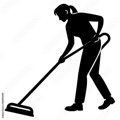 Woman vacuuming floor black silhouette cleaning