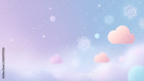 Dreamy pastel cloud background with abstract digital icons, soft purple and pink sky with bokeh lights, ethereal cloudscape for creative design