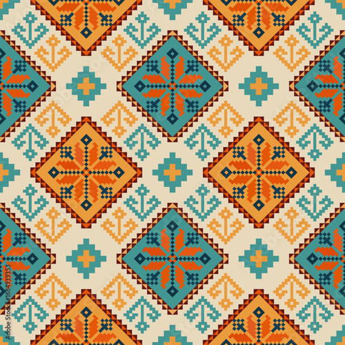 Traditional Seamless Folk Cross Stitch Pixel Art Pattern with Blue and Orange Geometric Floral Motifs for Embroidery, fabric, Vector Illustration and Textile Design, wallpaper, and decoration.