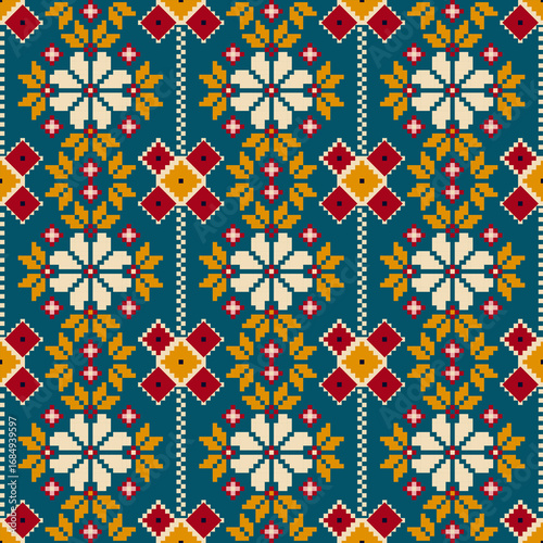 Folk Cross Stitch Pixel Art Pattern with Floral Motifs in White Yellow and Red on Teal Background Traditional Seamless for Embroidery, fabric, Vector Illustration and Textile Design, wallpaper.