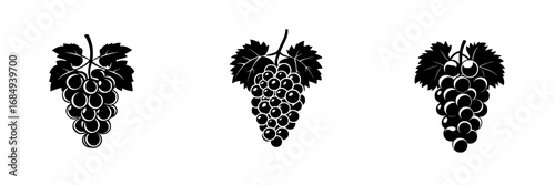 Black and white minimalist vector illustration of grape clusters in silhouette design showcasing vine details and fruit textures