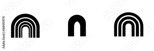 Minimalist black-and-white vector illustration of a simple rainbow design in multiple arcs representing harmony and unity